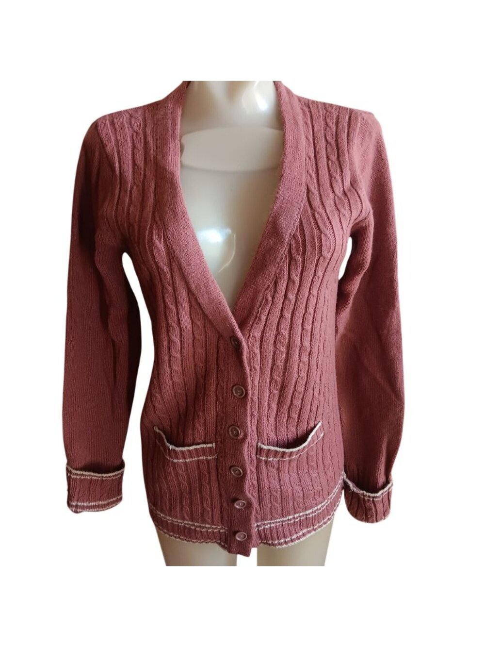 Vintage 1970's Women's Small Cardigan Sweater Jacket Collage Cable Knit Ringer